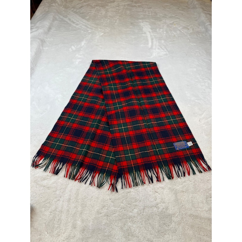 Vintage Pendleton‎ Wool Scarf Plaid Red Green Navy Fringe Made in USA